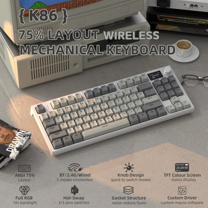 ATTACK SHARK K86 Three-Mode RGB Display Hot-Swap Mechanical Keyboard - Lavender Blue Whale