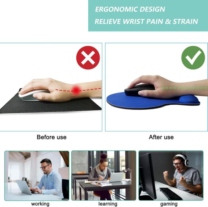 Ergonomic Mouse Pad with Memory Foam Wrist Support – Non-Slip Base, Blue