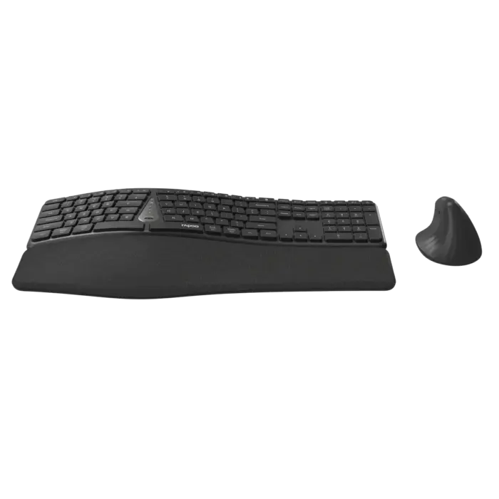 Rapoo 8810ME ergonomic keyboard and mouse low front view