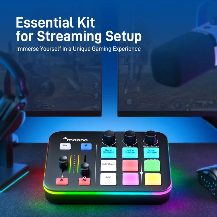 Maonocaster G1 NEO audio mixer in a gaming streaming setup