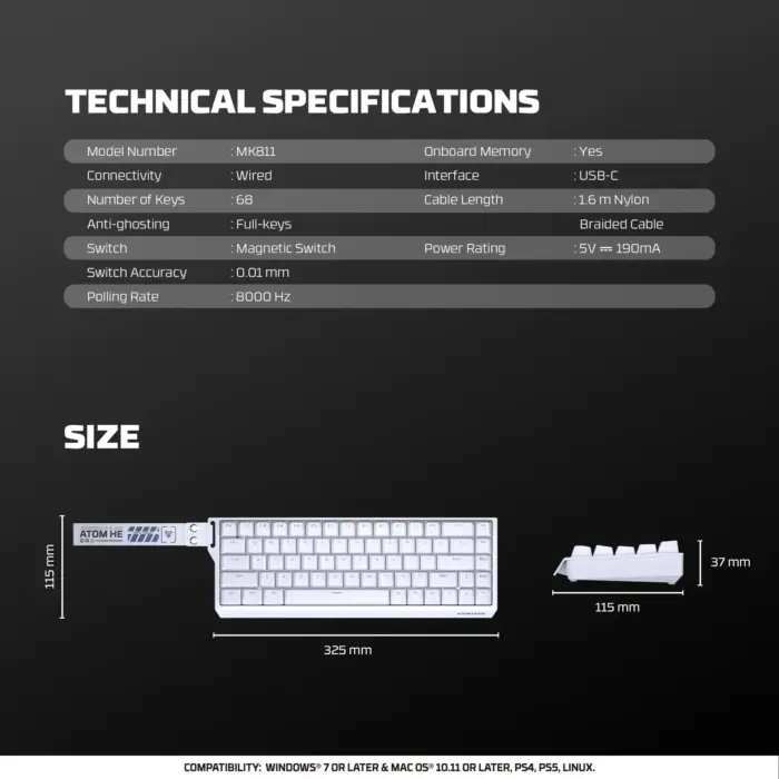 FANTECH ATOM HE68 MK811 Wired Magnetic Gaming Keyboard – Emerald Switch, 8000Hz, 68 Keys (black-green)