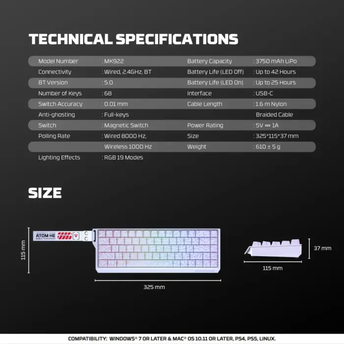 FANTECH ATOM HE68 PRO MK922 Wireless Magnetic Gaming Keyboard – Top Edition, 8000Hz, 68 Keys